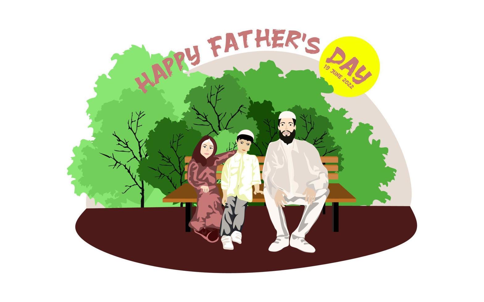 feliz familia musulmana se sienta en un banco del parque cuando hace sol. feliz día del padre diseño vectorial conceptual. padre se sienta en un banco con sus hijos vector
