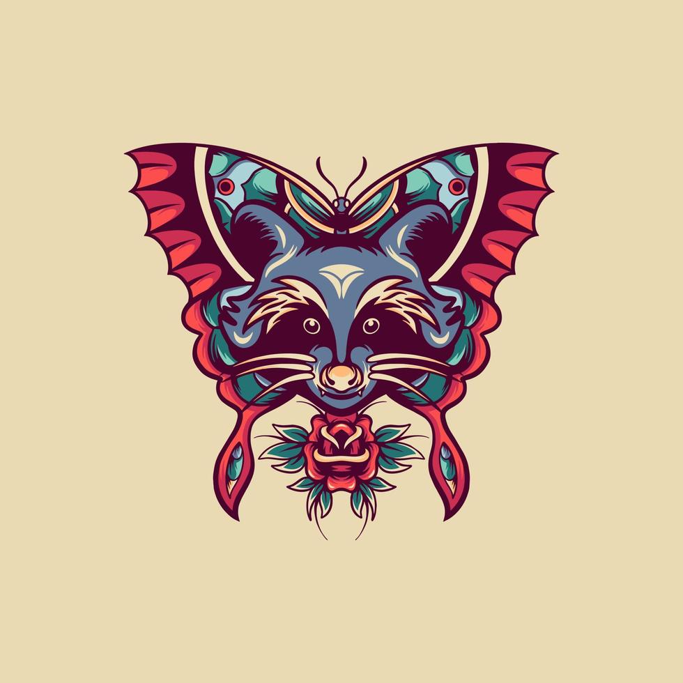 Raccoon And Butterfly Retro Illustration vector