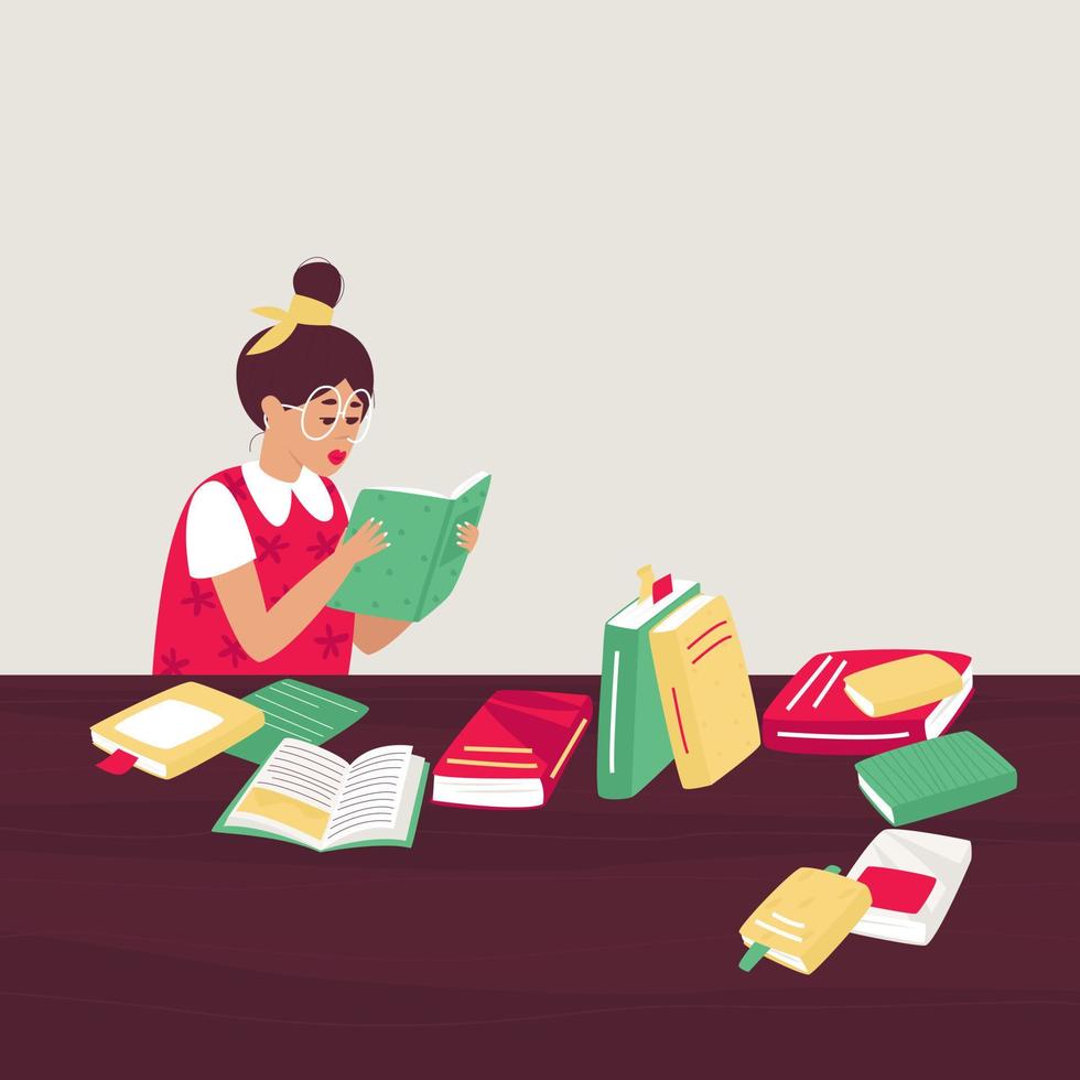 The girl is preparing for the exam in the library vector