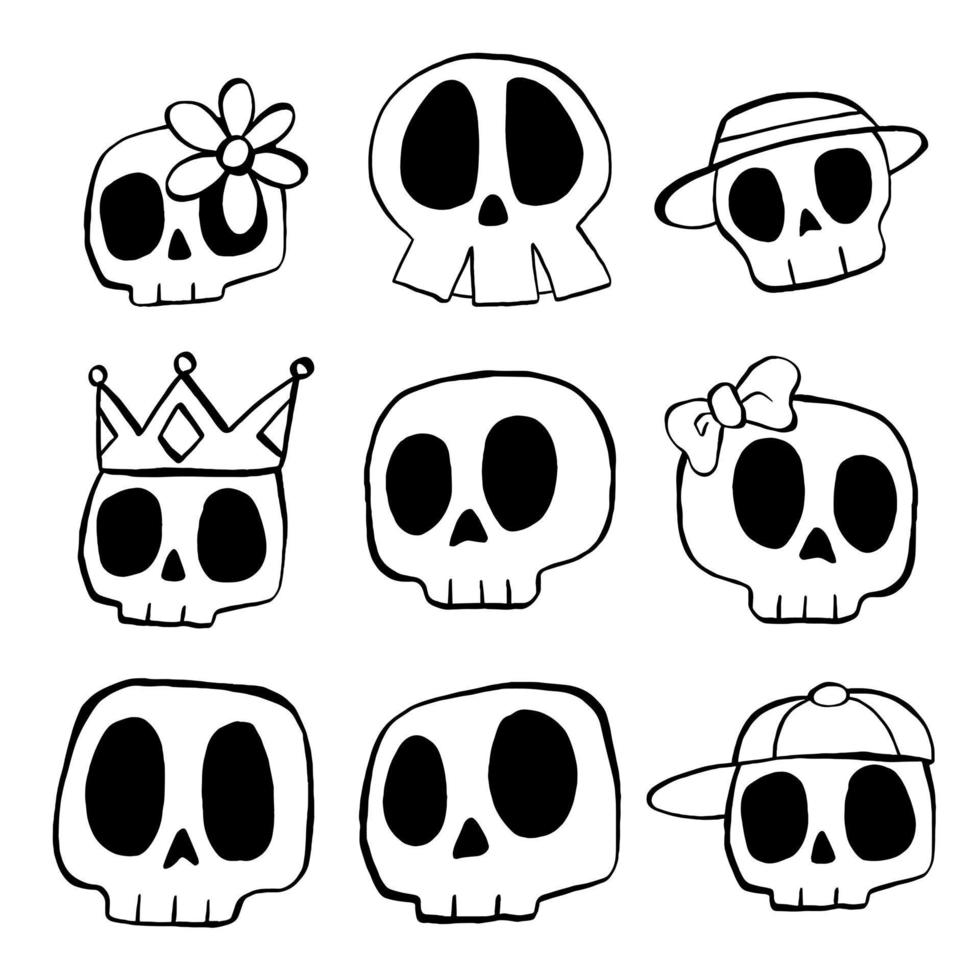 Vector illustration set of Skull cartoon line on white background.