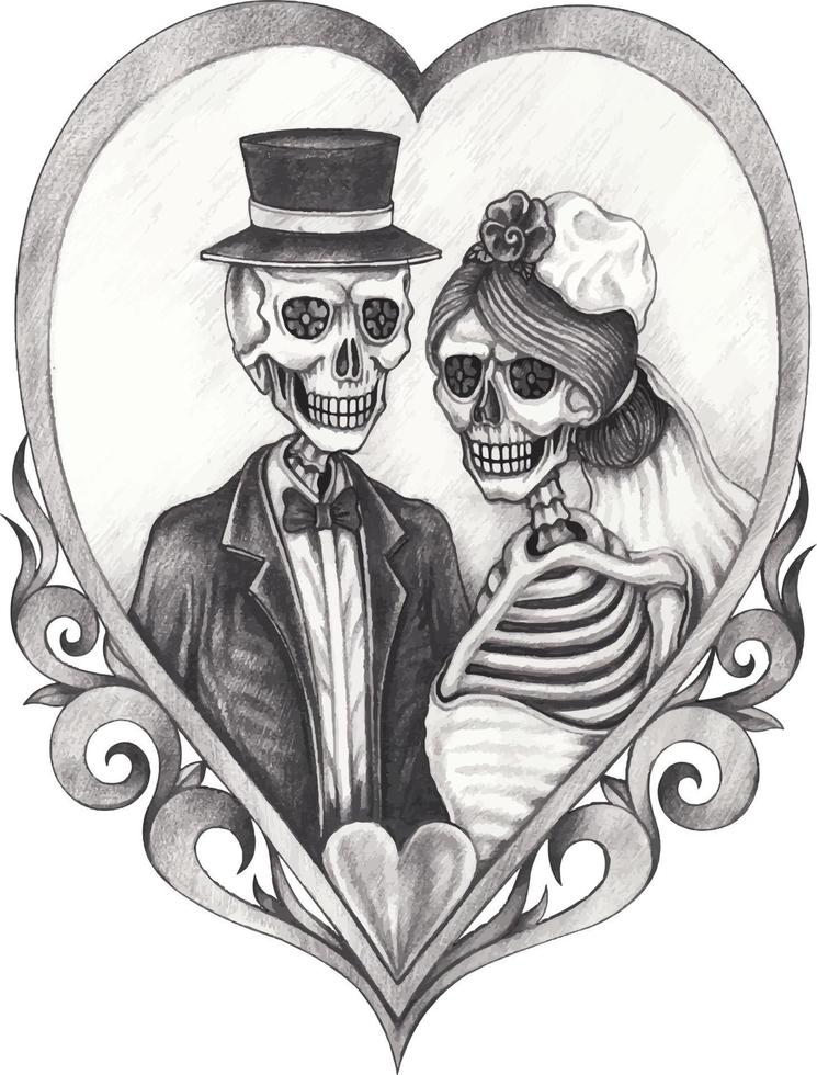 Art couple in love wedding skulls. Hand drawing and make graphic vector. vector