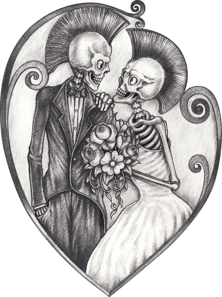 arte pareja punk rock boda calaveras. dibujo a mano y hacer vector gráfico.