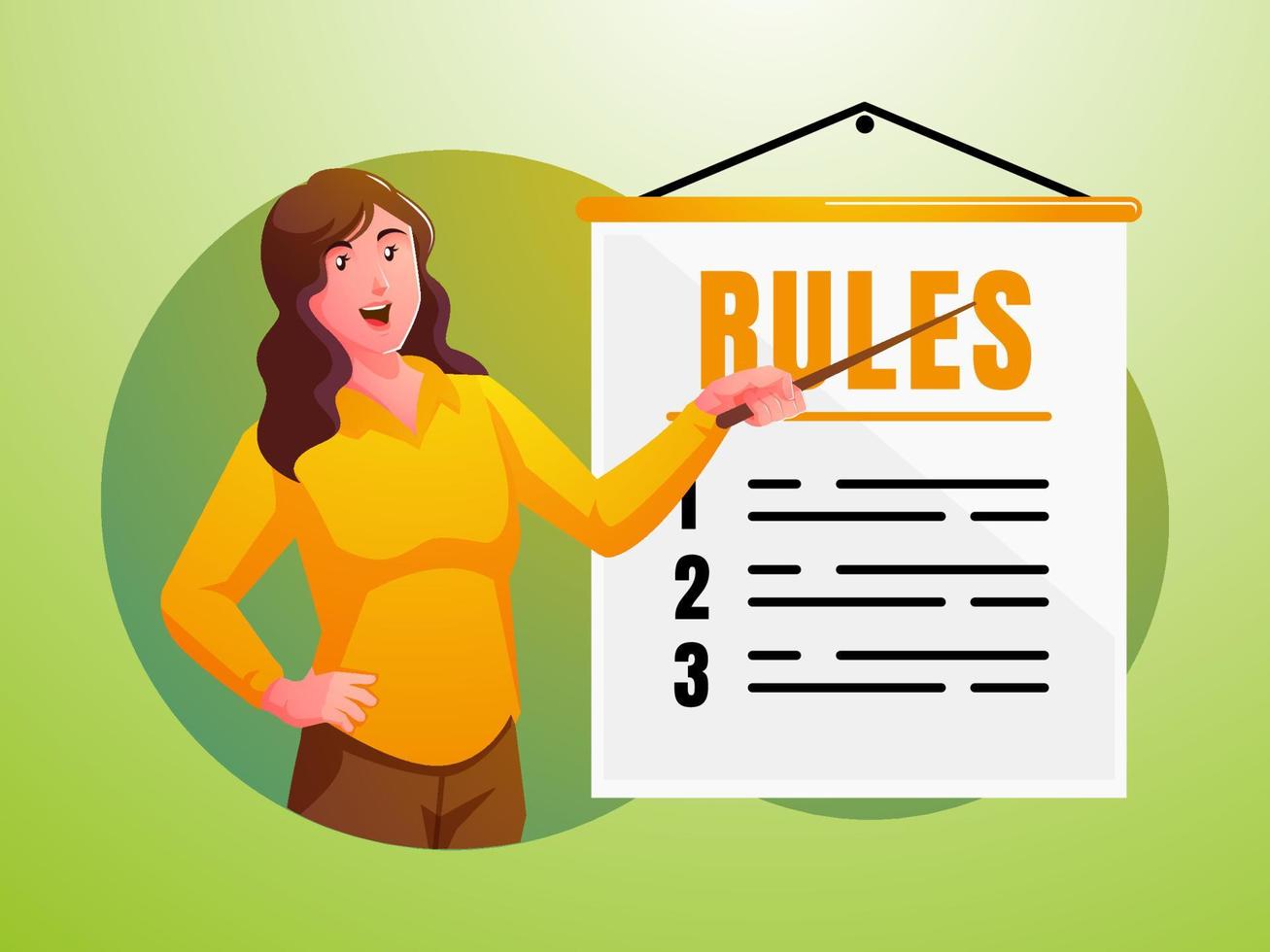 a woman explains a list of rule guidelines vector