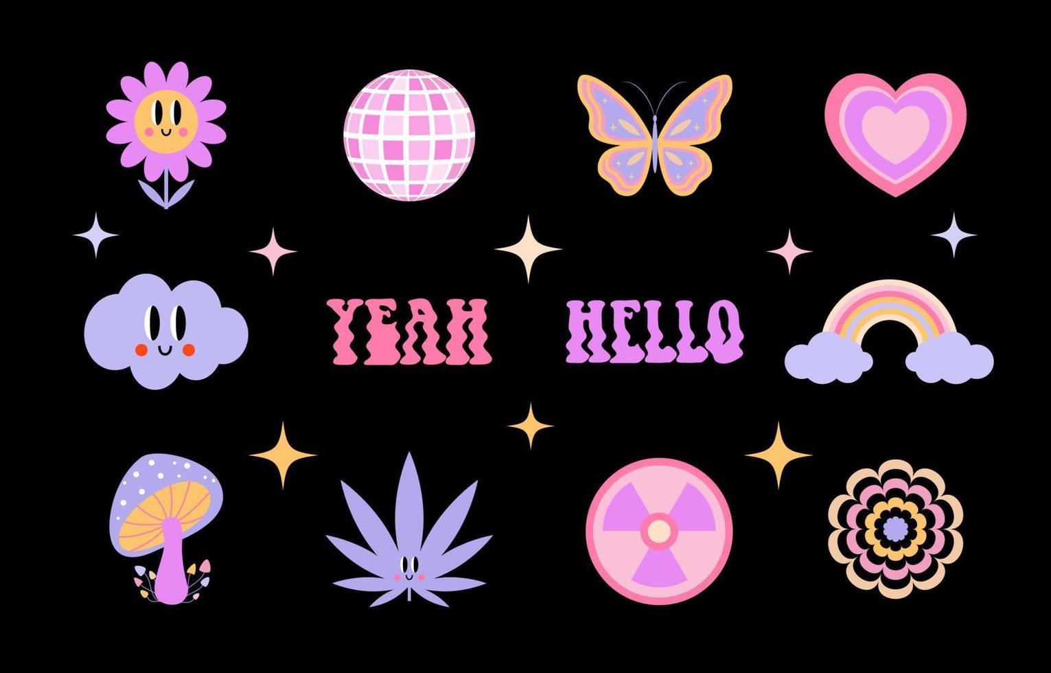 70s groovy stickers pack. Retro print for graphic tee in y2k style. Trendy girly patches collection. vector