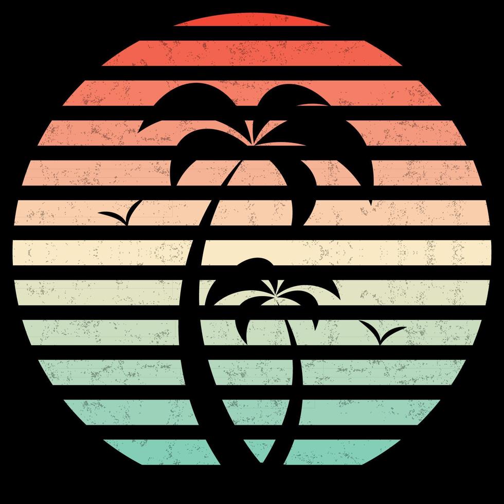 Vector palm tree silhouette on vintage retro striped sunset background. Grunge texture. 70s groovy print for graphic tee. Template for poster, sticker, banner, t-shirt, icon, label, flyer, badge