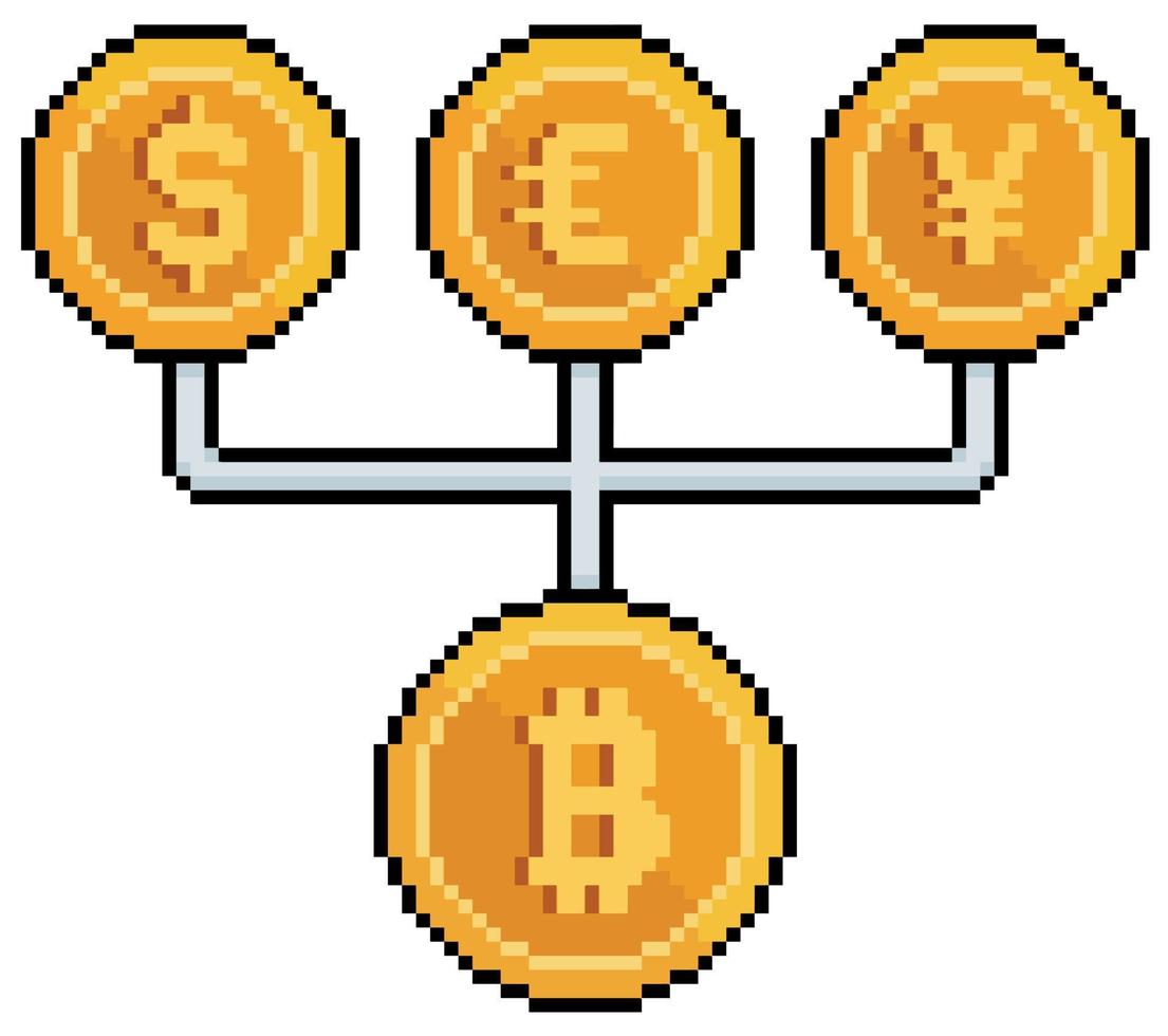 Pixel art bitcoin controlling fiat currencies dollar, euro, yen vector icon for 8bit game on white background