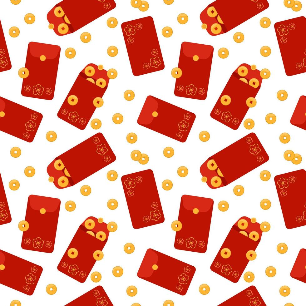 Angpao pattern. Vector seamless white background with red envelopes hongbao. Chinese festive traditional gift with coins, money for New Year, birthday, wedding and other. Flat repeat illustration