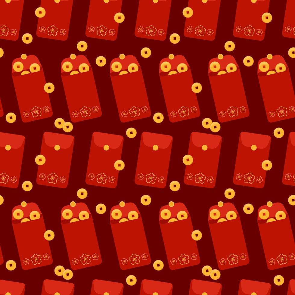 Angpao seamless pattern. Vector background with hongbao red envelopes. Chinese festive traditional gift with coins, money for New Year, birthday, wedding and other holidays. Flat repeat illustration