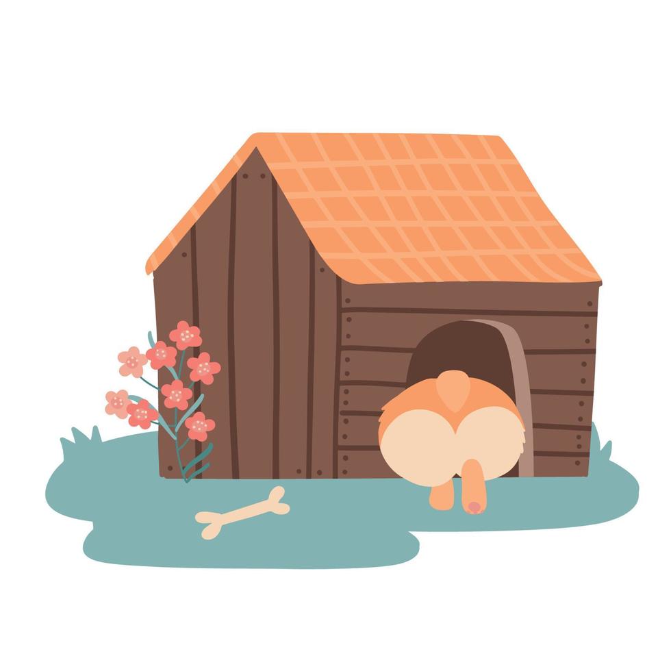 Cute cartoon dog sitting in the doghouse with his back outside. Booty of a dog in the form of a heart in wooden kennel. Vector flat hand drawn illustration