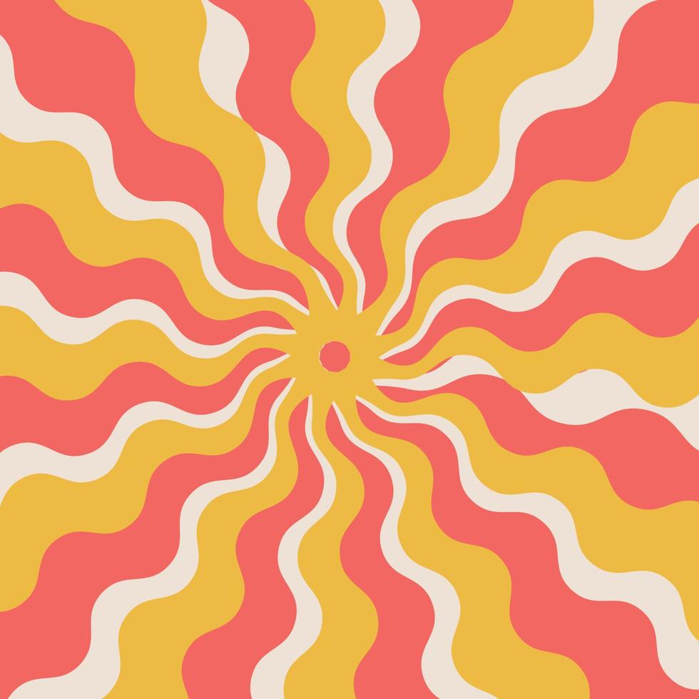 Retro banner backgroud with sun rays in aesthtic style of 70s. Sunburst, sunrise summer backdrop. Sunbeam flat geometric illustration, starburst pattern. Vintage groovy wallpaper vector