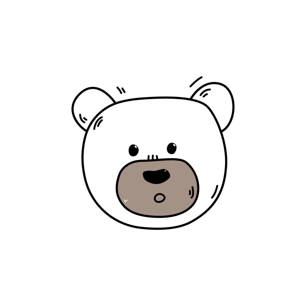 Hand drawn wonder bear face doodle style, vector illustration isolated on white background. Cute animal muzzle, black outline design element for cards or print, emotion