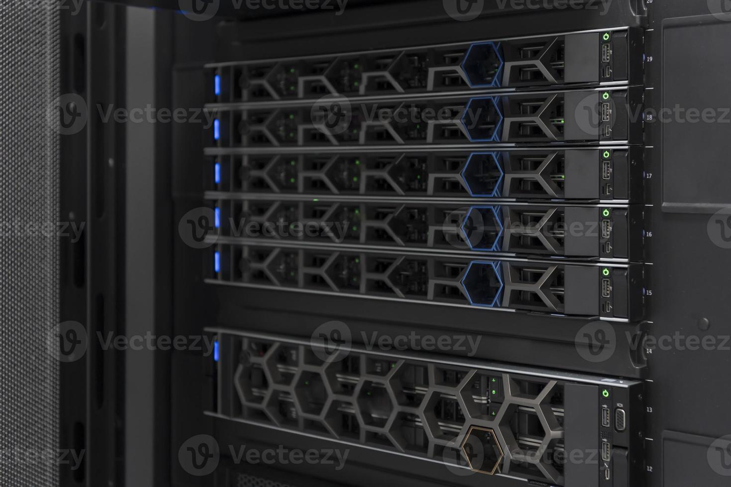 Data Center With Multiple Rows of Fully Operational Server Racks. Modern Telecommunications, Cloud Computing, Artificial Intelligence, Database, Supercomputer Technology Concept. photo
