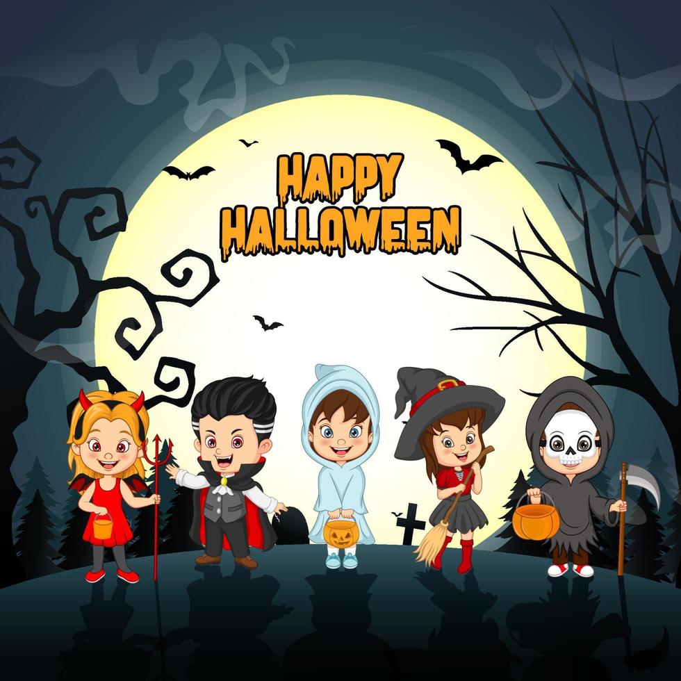 Group of kids in Halloween costume in the moonlight vector