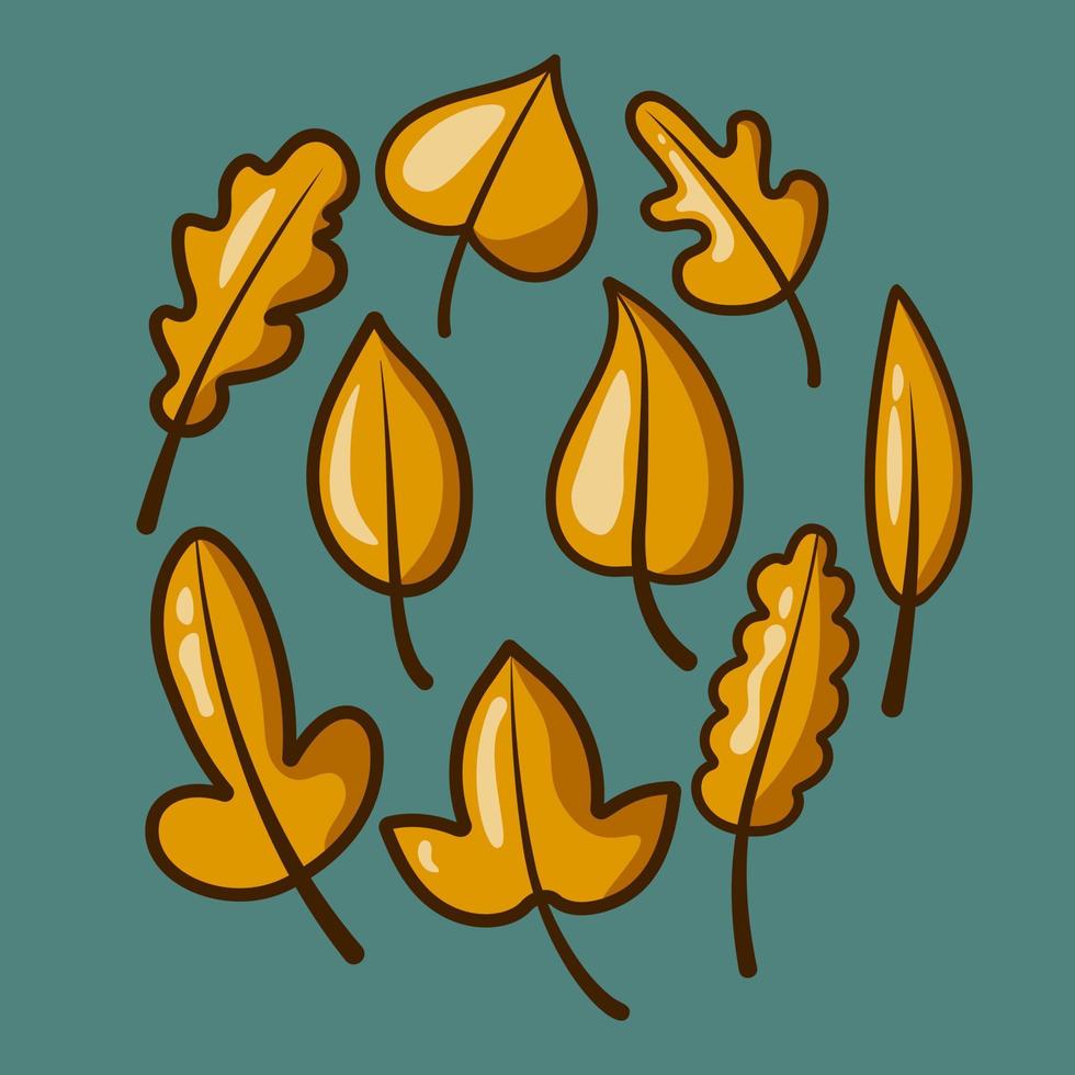 Autumn leaves. Dry fallen leaf. Fall forest yellow foliage. Dried plant leaves, autumnal falling leaf vector set. Seasonal herbarium. Hand drawn. Cute cartoon style. Cozy autumn. Hello autumn.