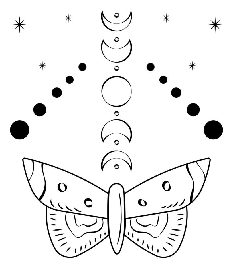 Moth tattoo. Vector black art. Celestial occult moon. Esoteric totem. Minimalist graphic. Hand drawn moon and stars. Mystical magic illustration on white background. Spiritual symbols.Night butterfly.