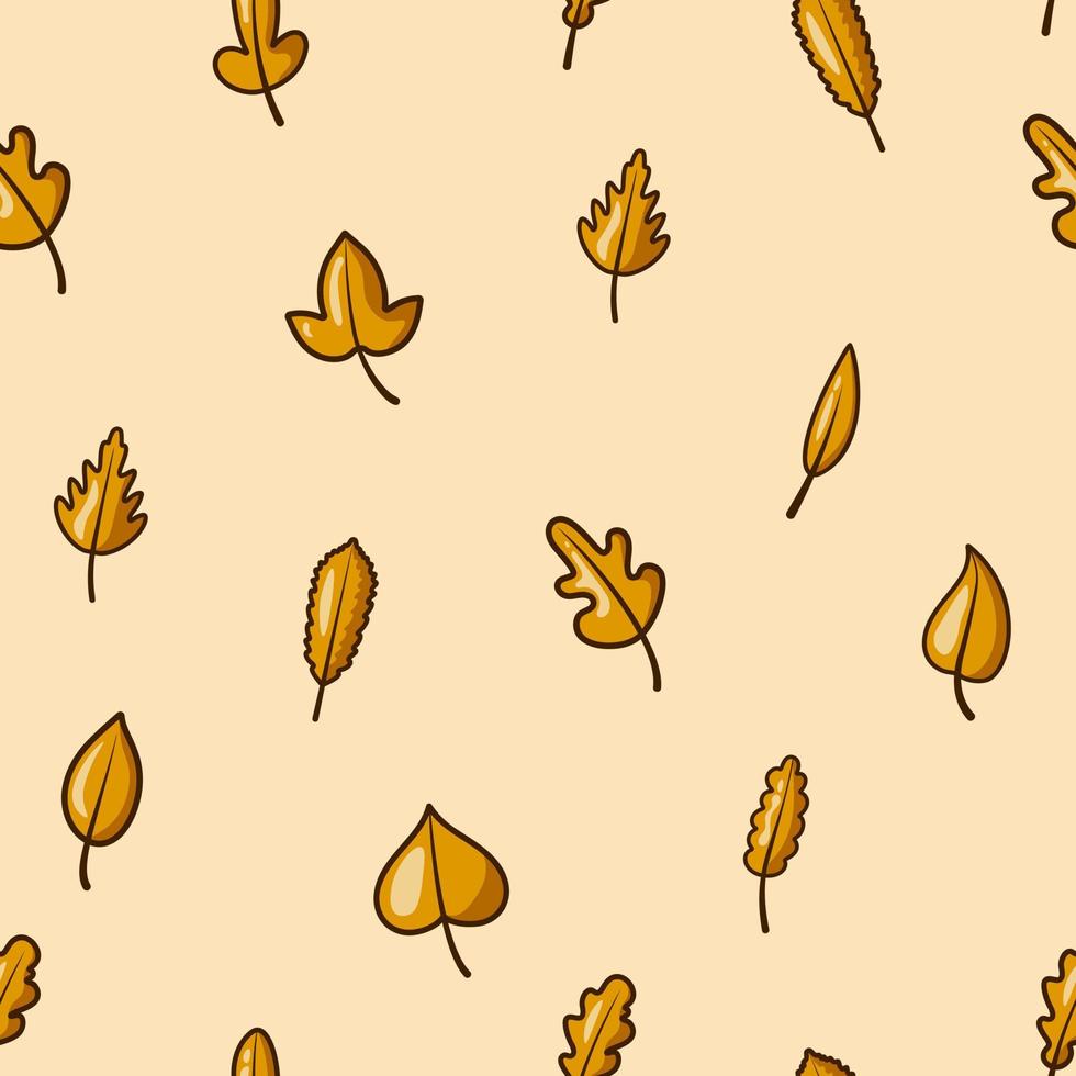 Seamless pattern of yellow leaves. Background for poster or cover. Figure for textiles. Simple childish cartoon flat style. Cute doodle autumn leaves. Cozy autumn. Hello autumn. vector