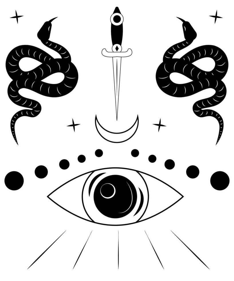 daga gráfica dibujada a mano ojo humano. aislado sobre fondo blanco. arte vectorial negro. ojo místico. estilo gótico antiguo. diseño de tatuaje. serpiente y luna oculta celestial. gráfico minimalista. brujería. vector