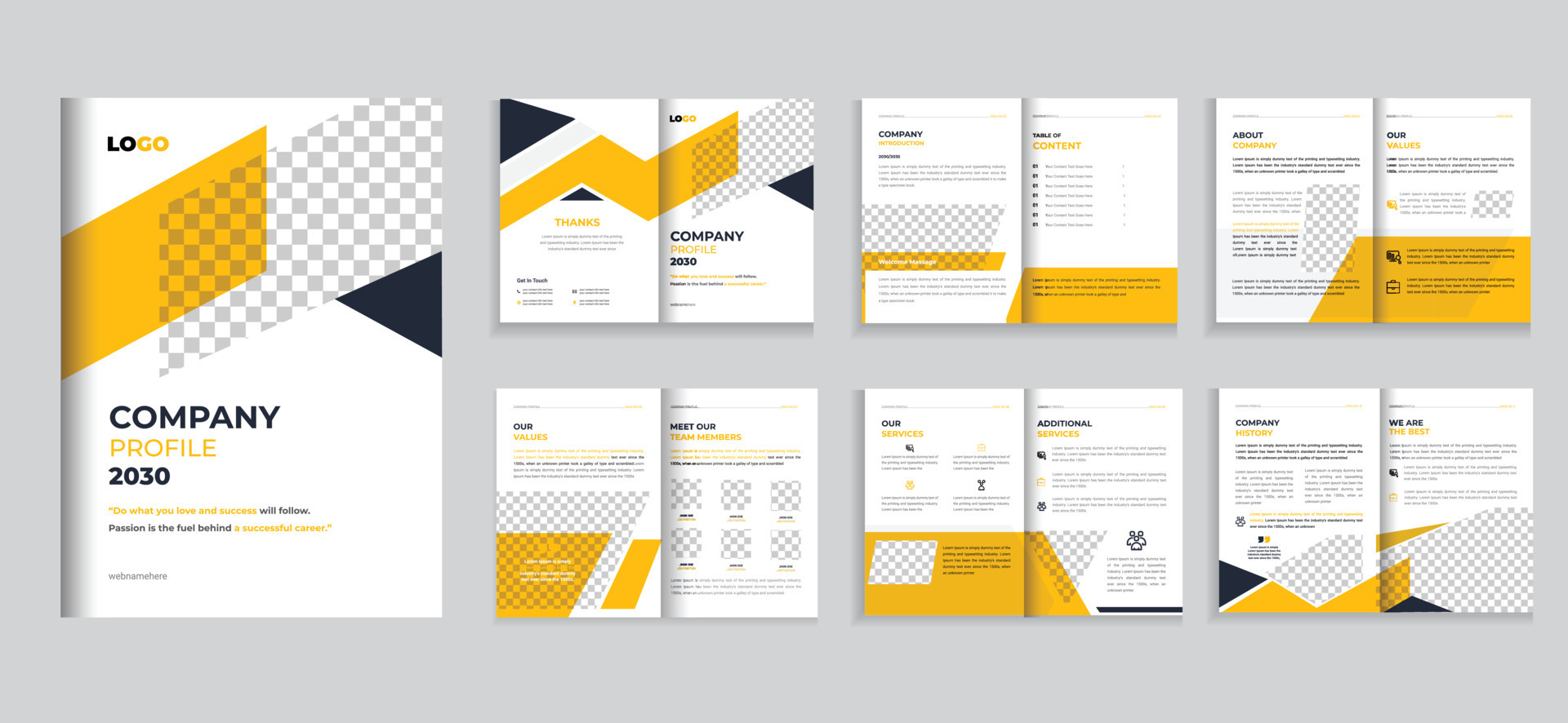 Company profile design template with yellow color shapes, multipage ...