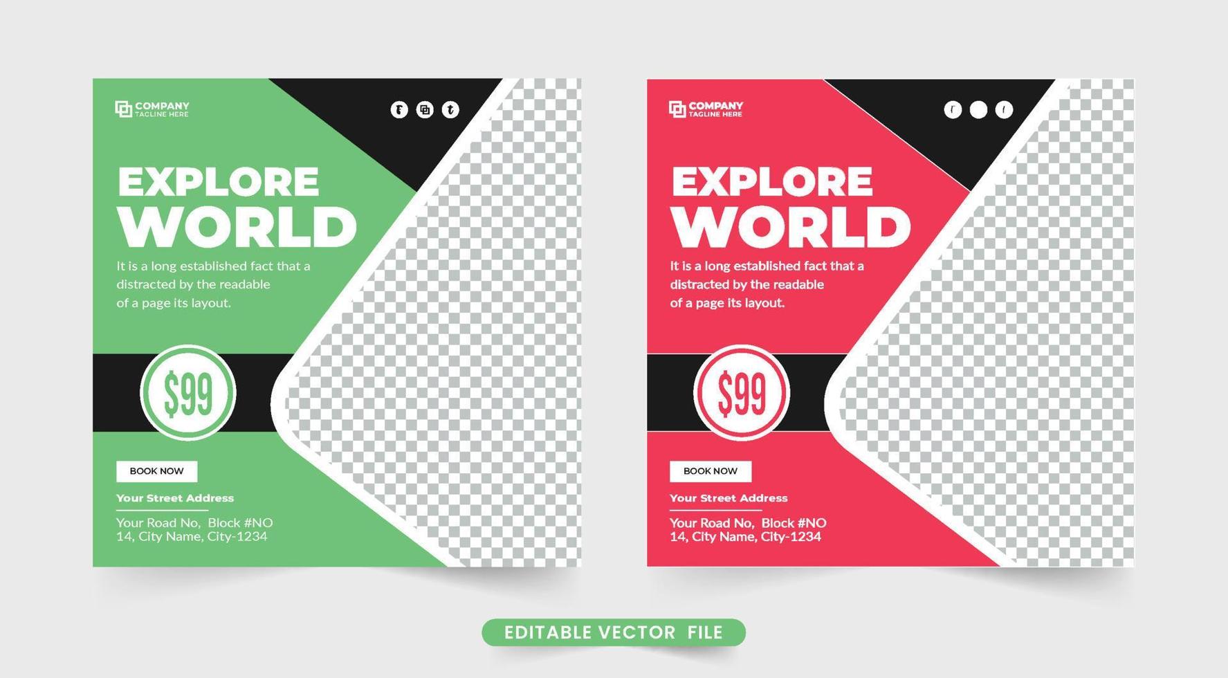 Travel agency promotion advertisement social media post vector. Touring group and holiday planner template with red and green colors. Family vacation planner design for touring agency. vector