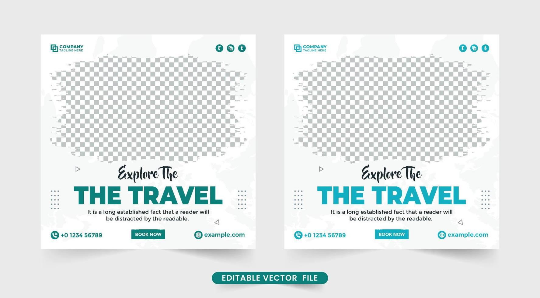 plantilla de banner de promoción de agencia de viajes para publicaciones en redes sociales. plantilla de negocio de planificador de vacaciones familiares con sección de descuento. diseño de publicaciones en redes sociales de viajes y viajes con colores verde y azul. vector