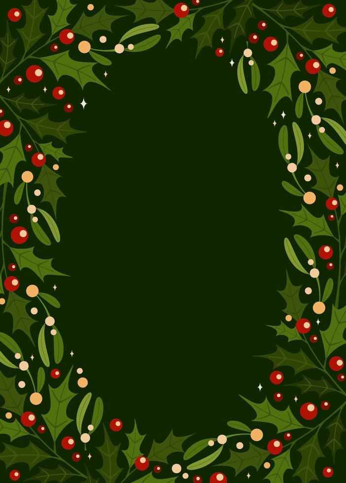 Mistletoe ilex frame oval in flat style on green background. vector