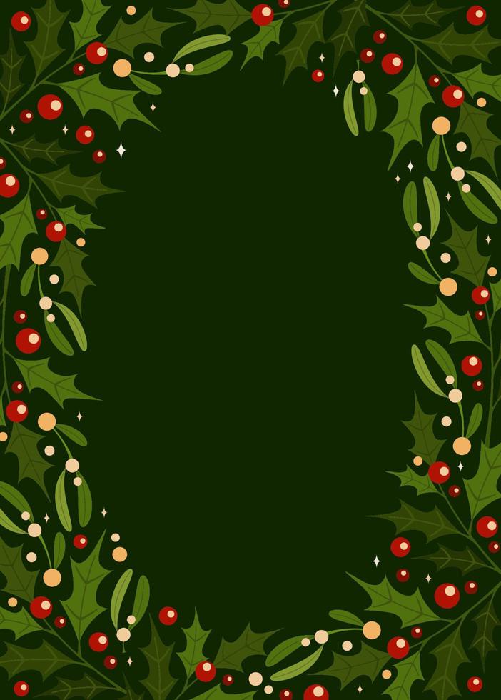 muérdago ilex marco ovalado en estilo plano sobre fondo verde. vector