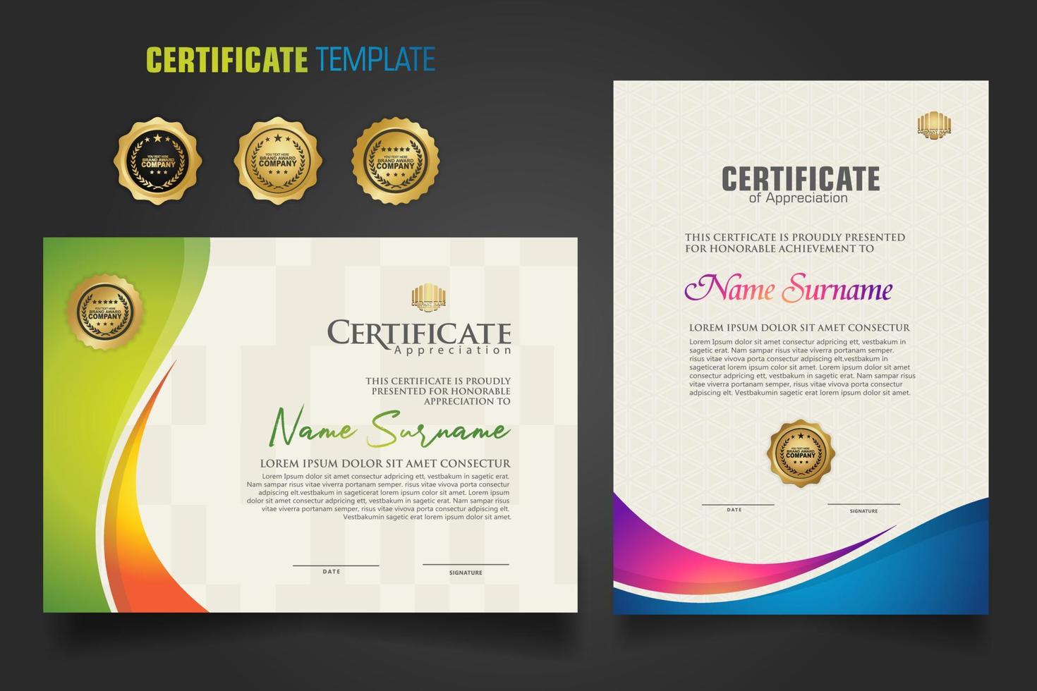 Modern certificate template with dynamic colorful waving shape on  ornament  pattern background vector