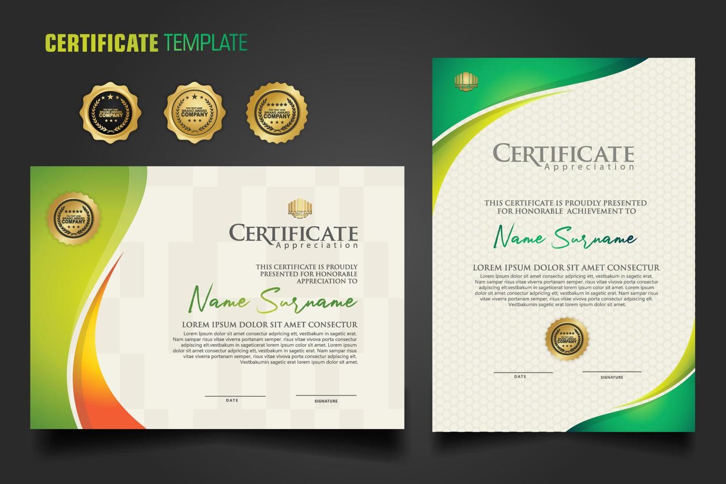 Modern certificate template with dynamic colorful waving shape on  ornament  pattern background vector