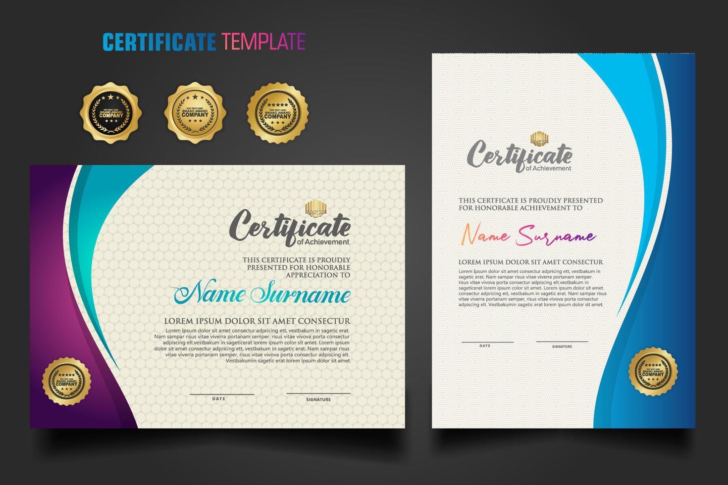 Modern certificate template with dynamic colorful waving shape on  ornament  pattern background vector