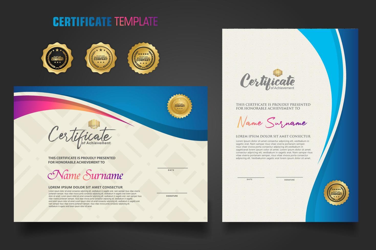 Modern certificate template with dynamic colorful waving shape on  ornament  pattern background vector