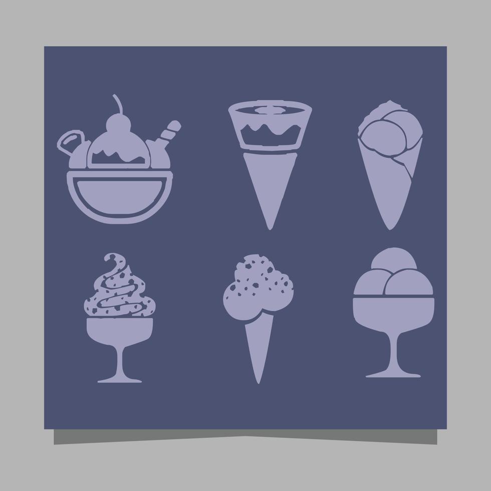 Ice cream icons of various shapes drawn on paper are perfect for depicting something sweet related to ice cream in flyers, logos, banners and others. vector