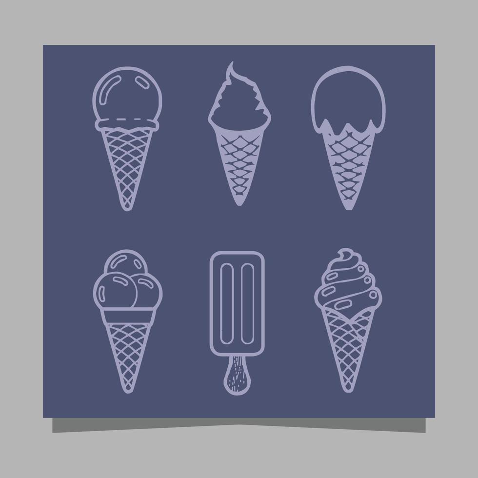 Ice cream icons of various shapes drawn on paper are perfect for depicting something sweet related to ice cream in flyers, logos, banners and others. vector