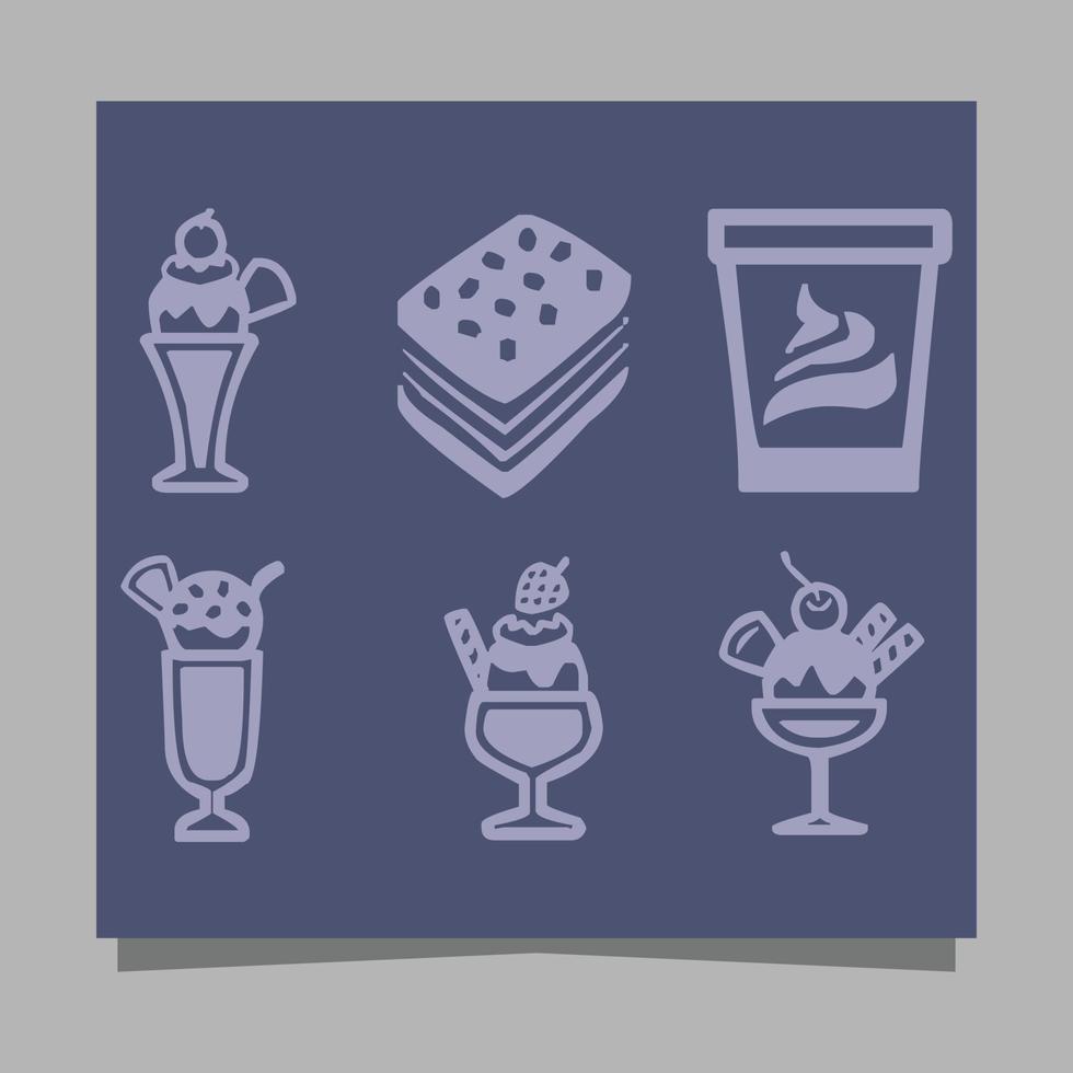 Ice cream icons of various shapes drawn on paper are perfect for depicting something sweet related to ice cream in flyers, logos, banners and others. vector