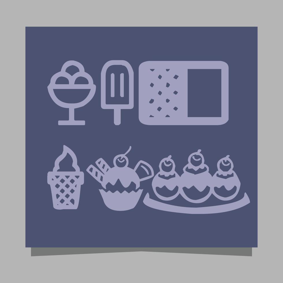 Ice cream icons of various shapes drawn on paper are perfect for depicting something sweet related to ice cream in flyers, logos, banners and others. vector