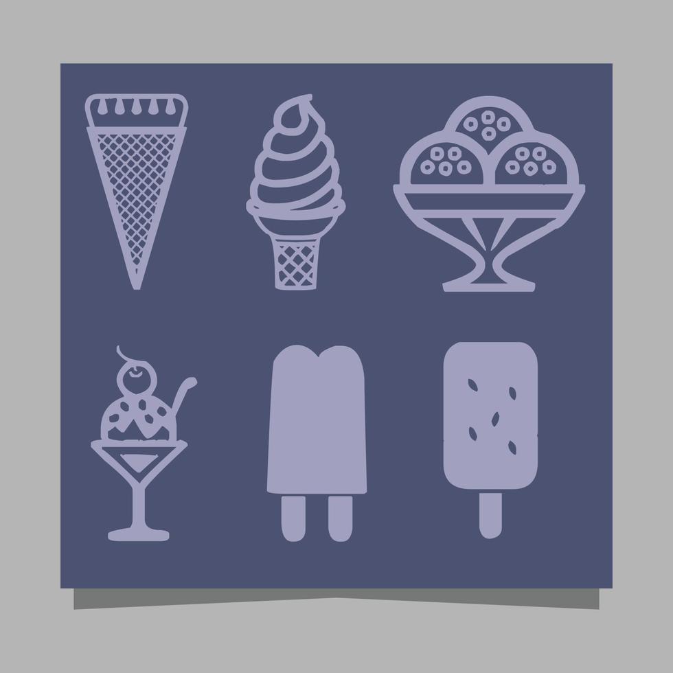 Ice cream icons of various shapes drawn on paper are perfect for depicting something sweet related to ice cream in flyers, logos, banners and others. vector