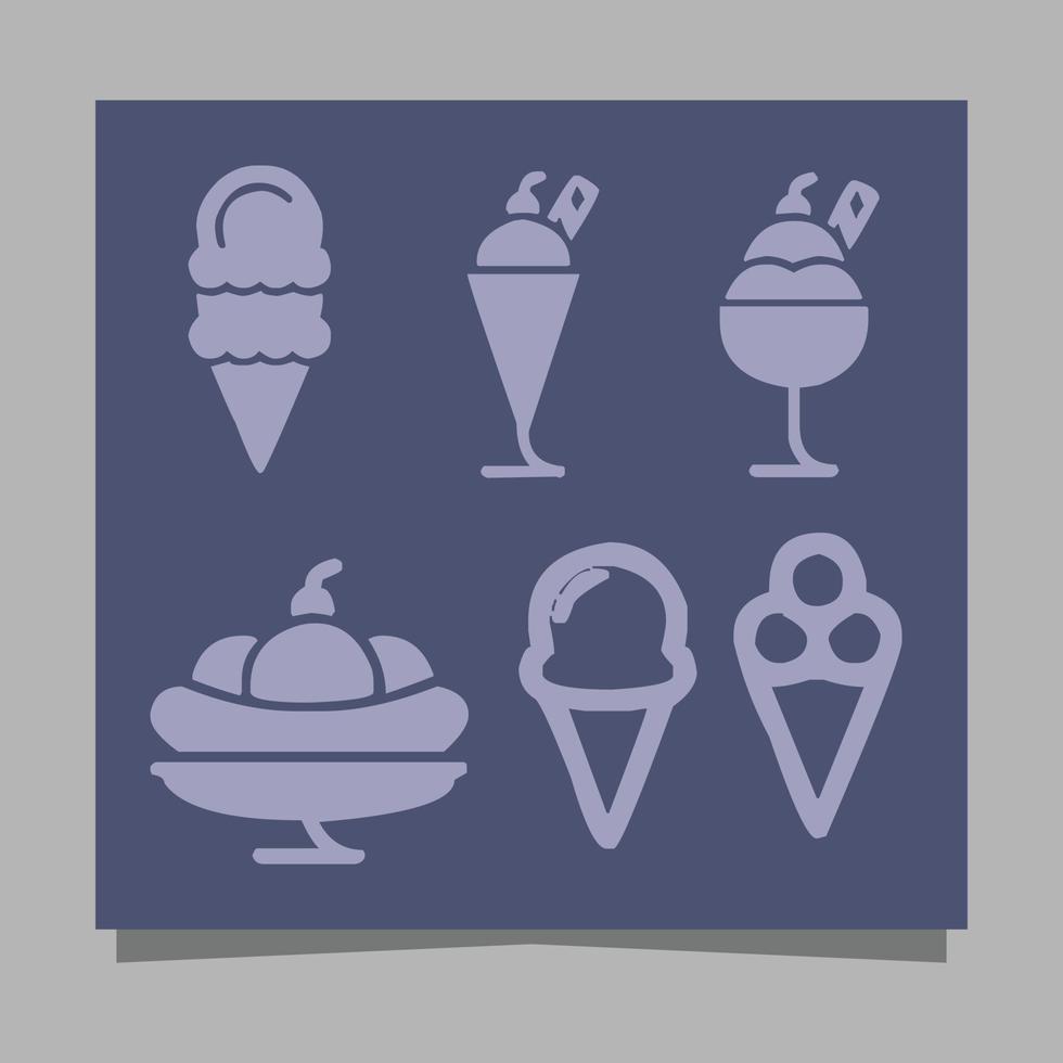 Los íconos de helados de varias formas dibujados en papel son perfectos para representar algo dulce relacionado con el helado en volantes, logotipos, pancartas y otros. vector