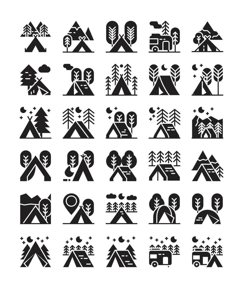 camping, campground solid icon set vector