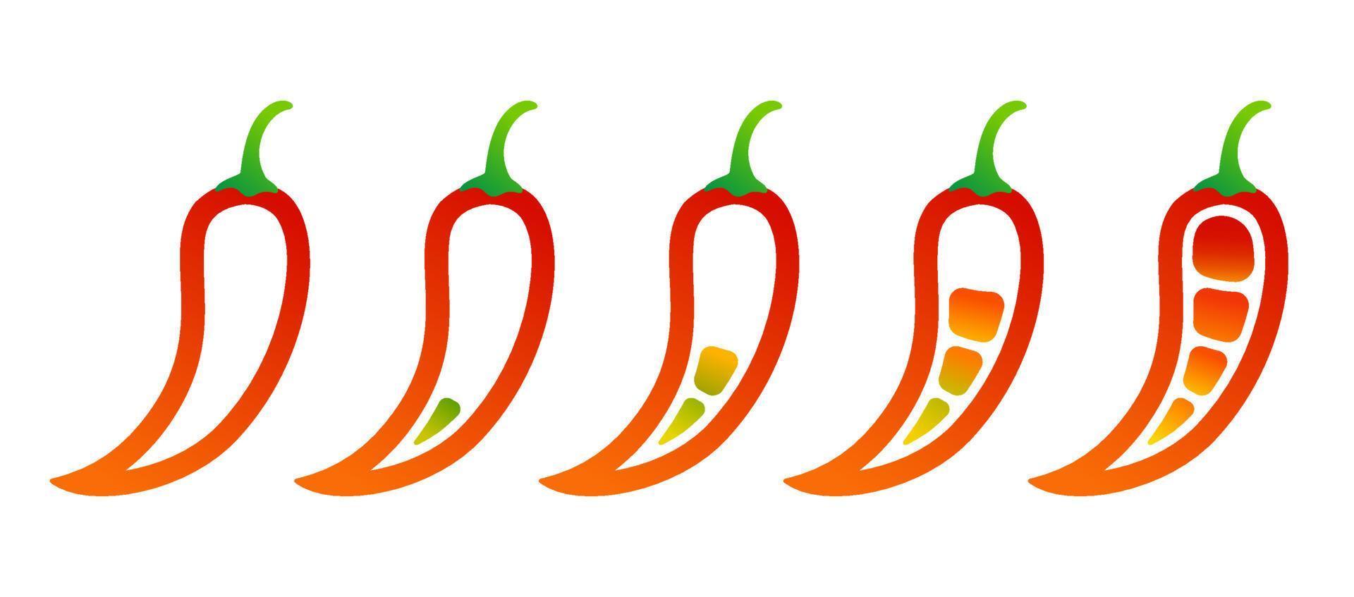 Vector illustration of chilli pepper in different levels. Vector set icons of red chili pepper. Sweet, middle and hot chilli sauce.