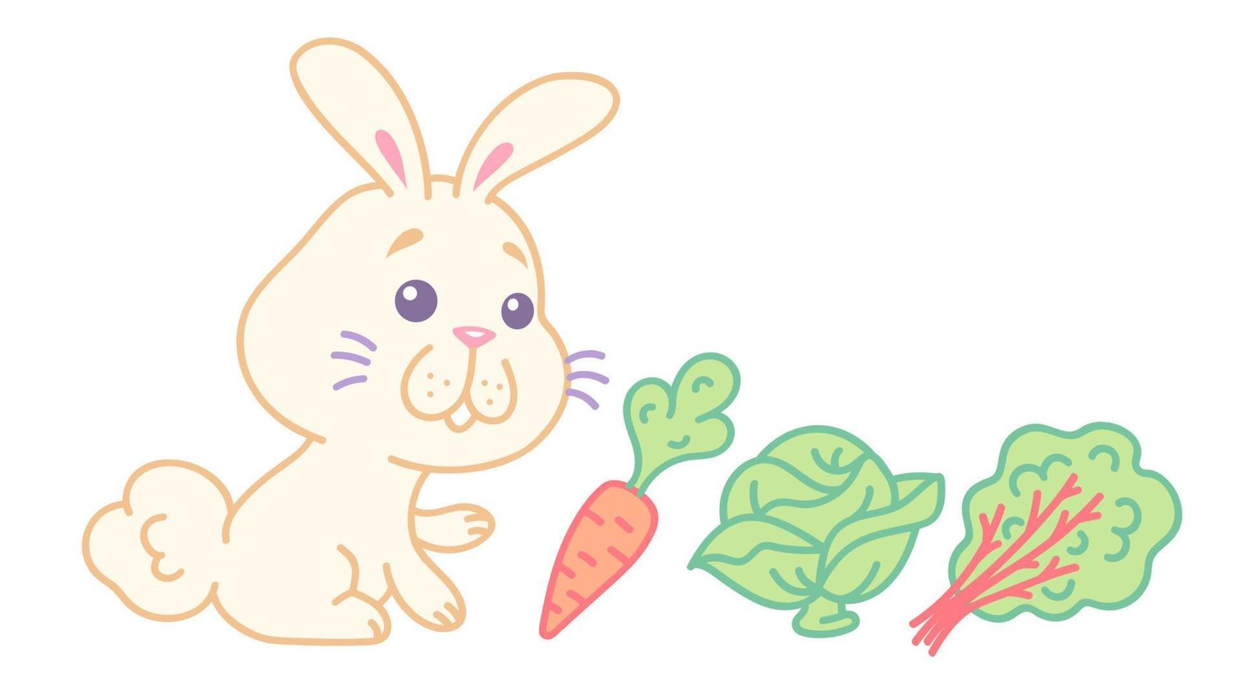 Vector illustration of a rabbit with vegetables in kawaii style.