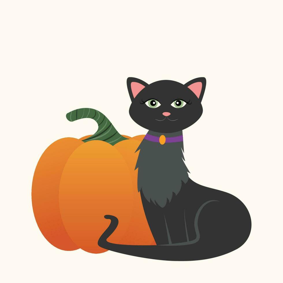 gato negro con su calabaza de halloween vector