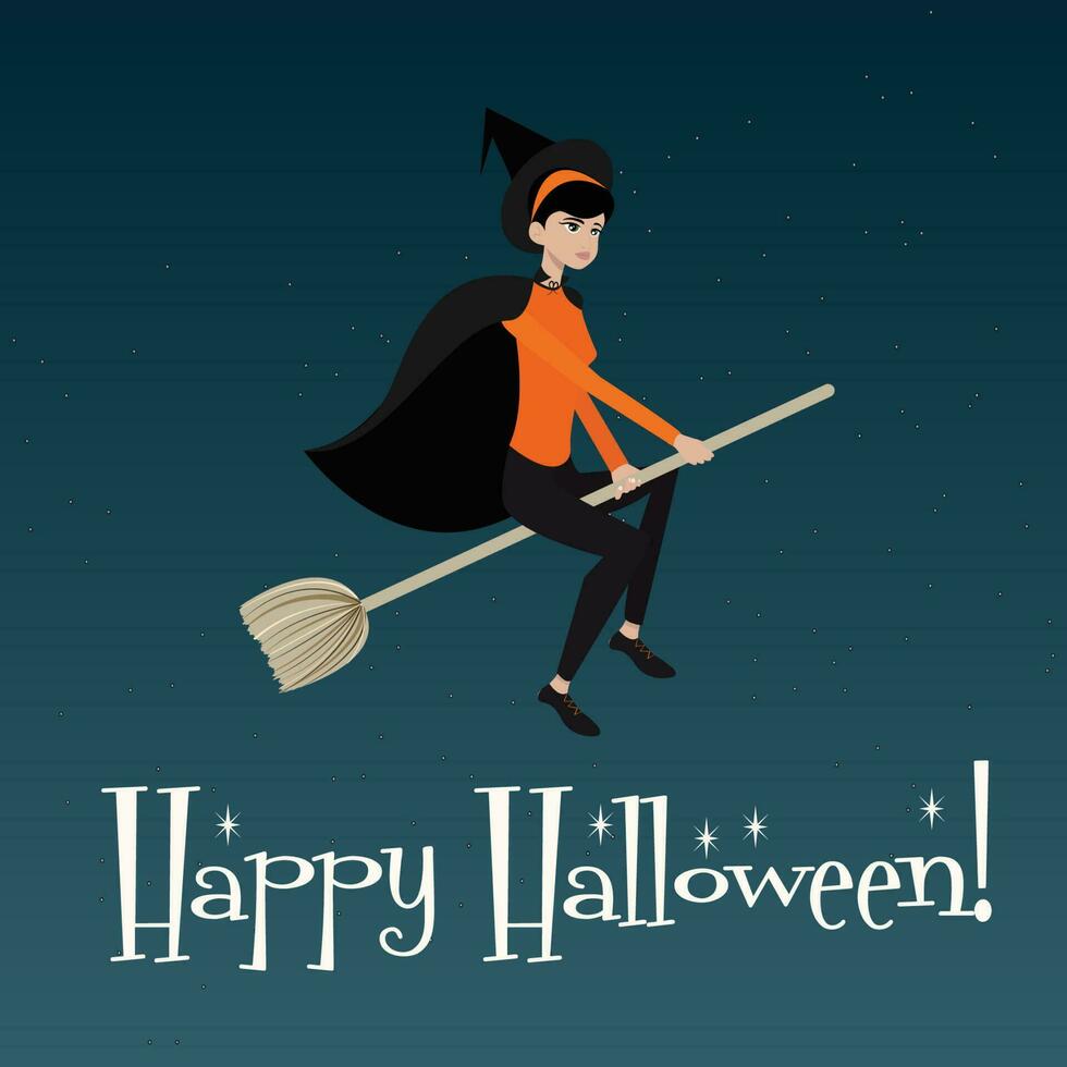 feliz halloween saludos ilustración vectorial con una bruja voladora vector