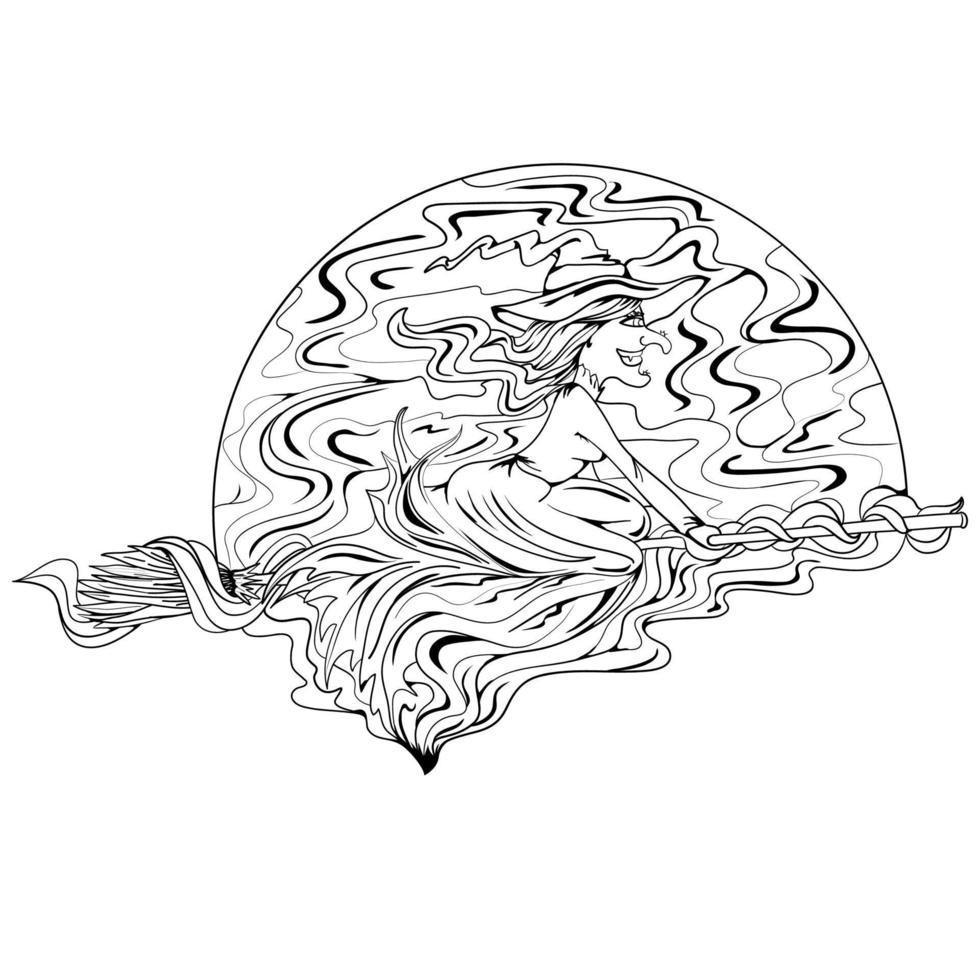 Halloween illustration. Cheerful witch on a broom against the background of the moon. Black illustration. vector