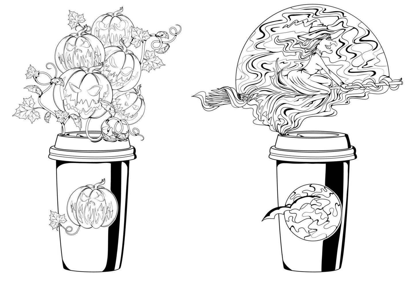 Pumpkin coffee. Halloween Coffee. Set illustrations of a coffee cups with Halloween flavored. Black illustration. vector