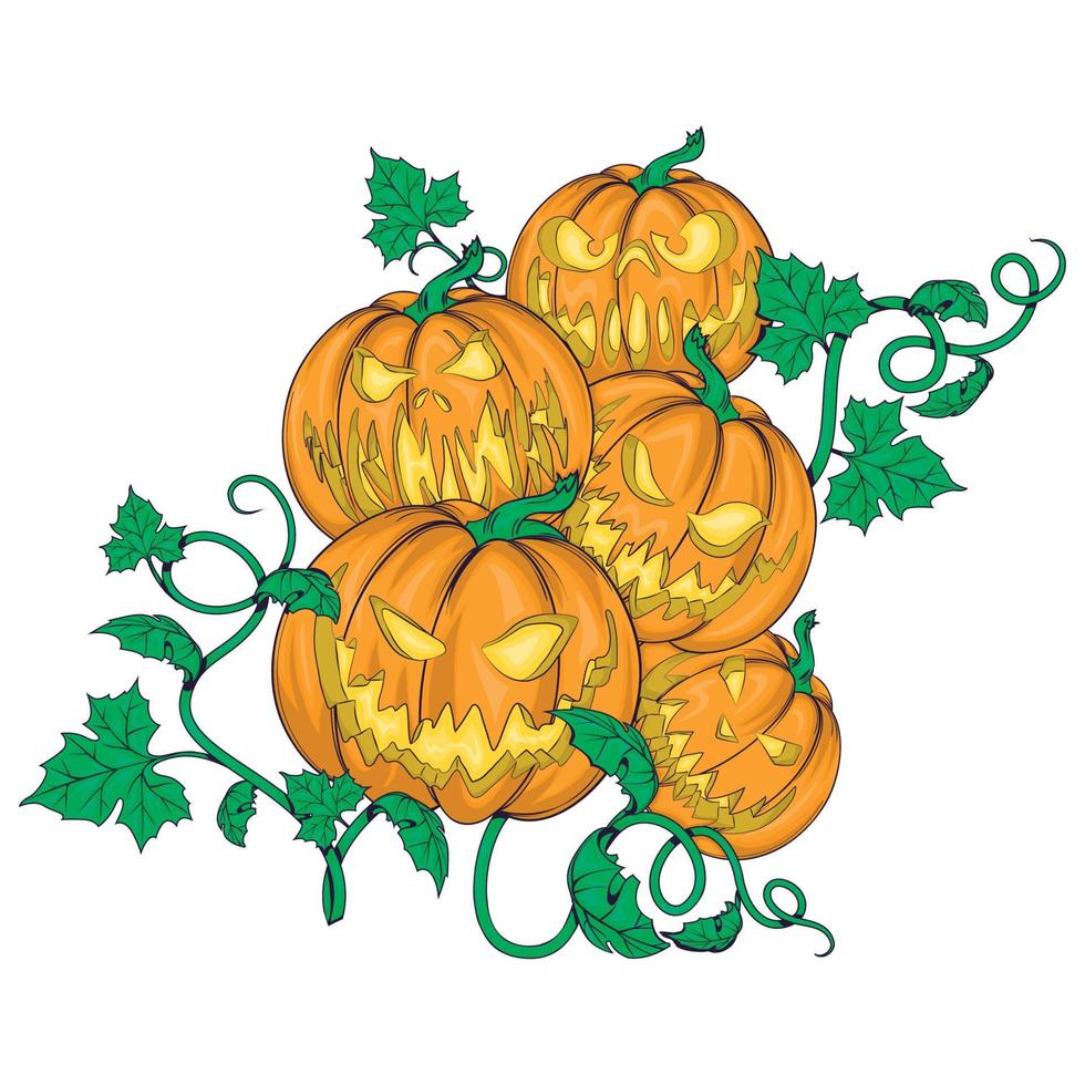 Five pumpkins with funny faces for Halloween. vector