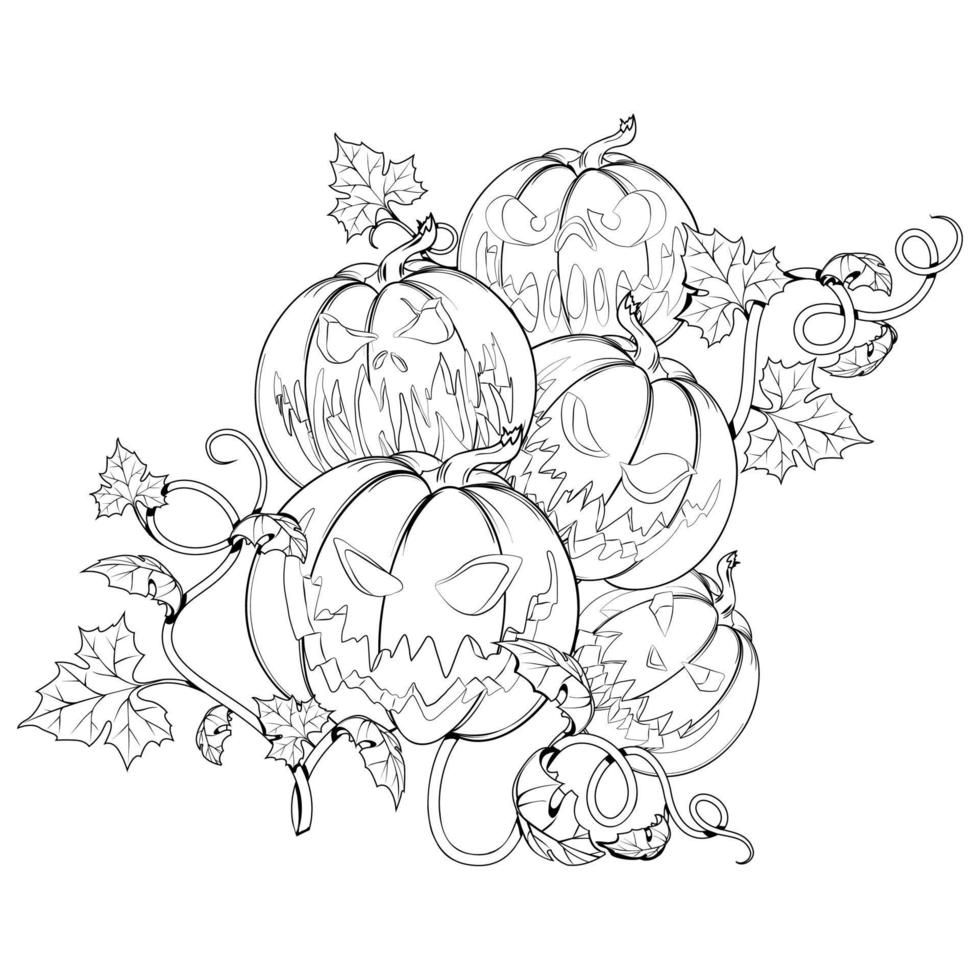 Five pumpkins with funny faces for Halloween. Black illustration. vector