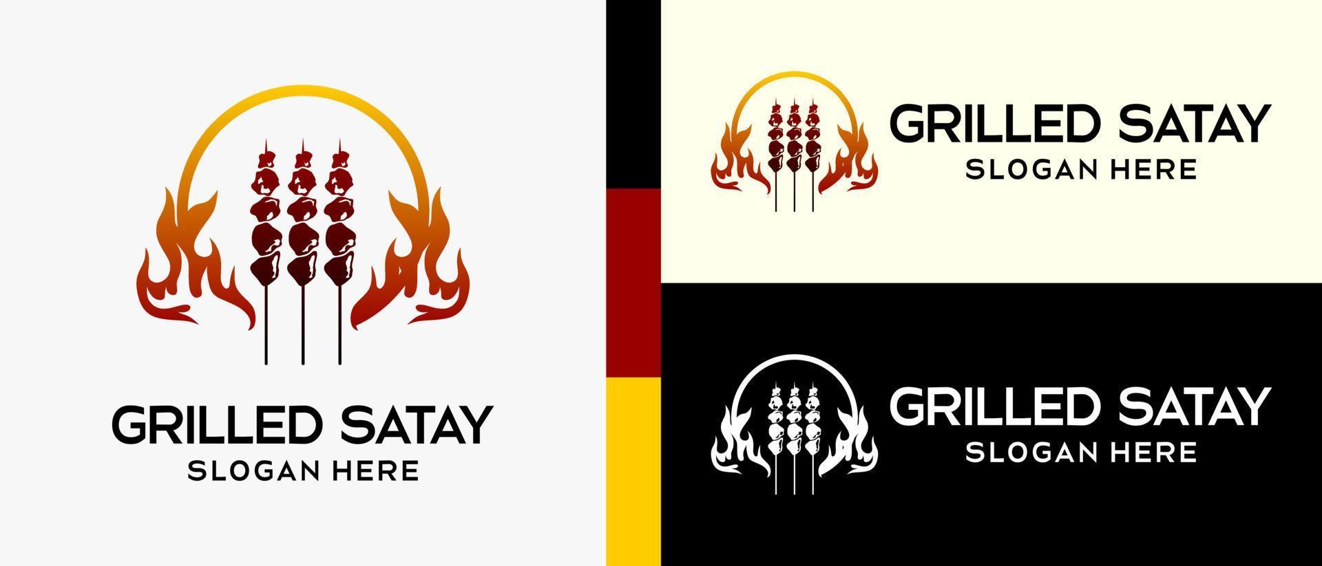 satay logo design template with fire element concept in circle. creative vector logo illustration.