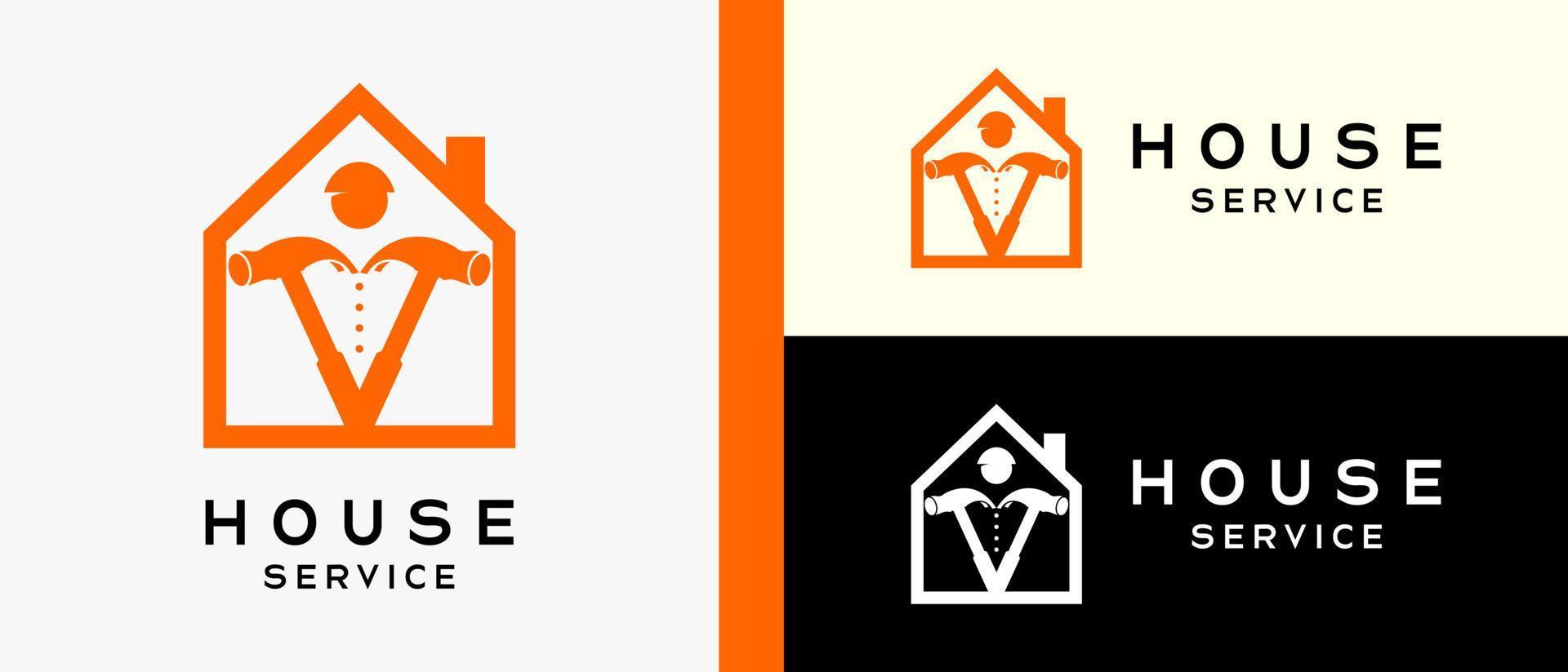 home improvement renovation service logo template. house icon with line art and two pliers shape people icon. premium vector logo illustration