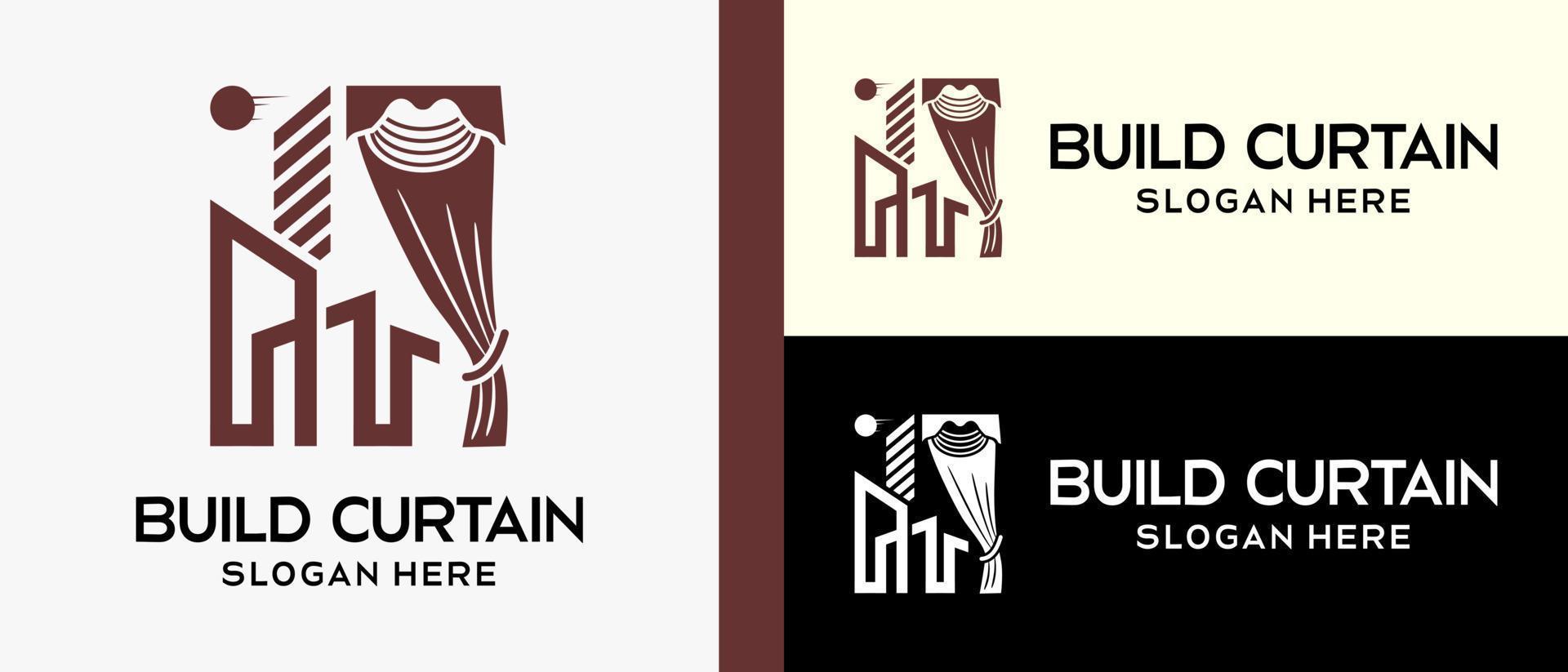 curtain logo design template with silhouette and building in luxury line style. creative vector logo illustration.