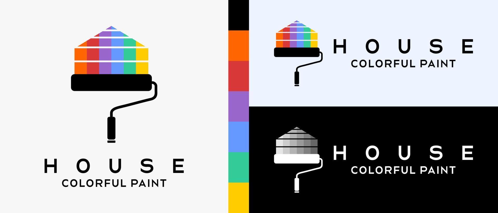 plantilla de diseño de logotipo de pintura de construcción genial. ilustración vectorial cepillo de rodillo con silueta e icono de la casa con el concepto de color del arco iris. ilustración de logotipo para pintura de pared o construcción. vector premium