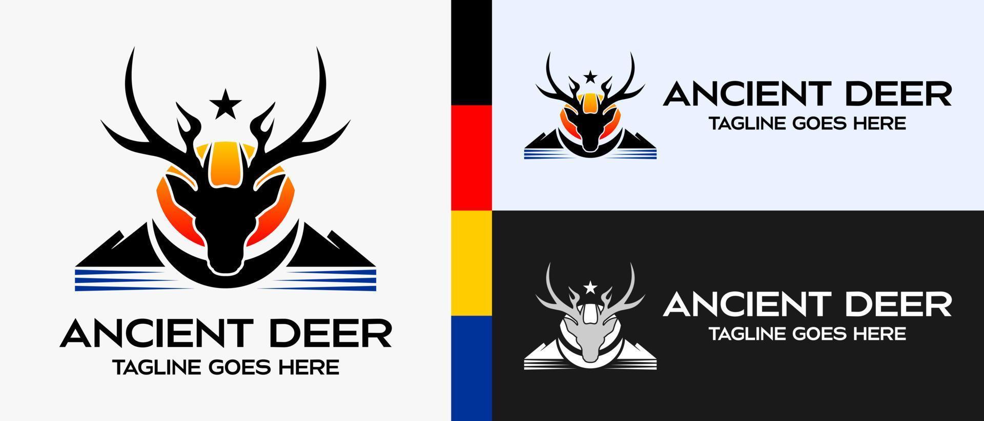 deer head logo design template, sun or moon icon, sea and mountain icon. vector abstract logo illustration